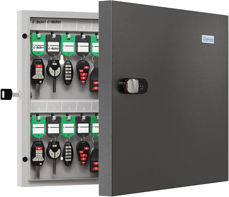 WeHere Key Lock Box Wall Mount, 48 Key Cabinet Security Combination Lockbox with Key Tags, Digital Code Heavy Duty Key Organizer Storage,Key Management for Garage,Office,Holtel,School,Store - Image 1